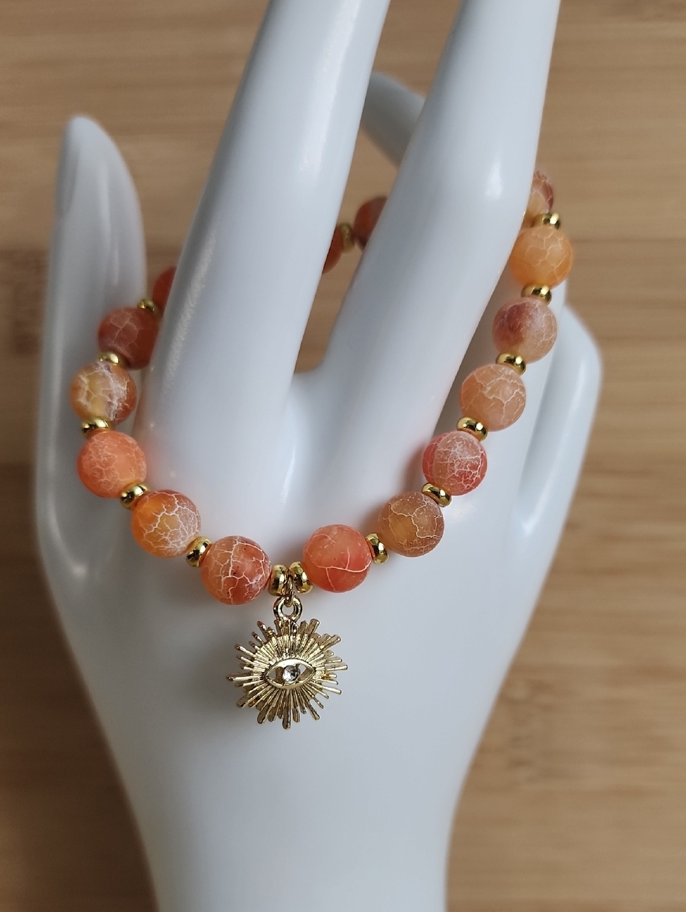 🆕️Fire Dragon Agate Bead Bracelet with Evil Eye Sunburst Charm